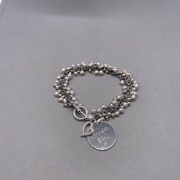 Dream Big Pearl Chain Bangle Bracelet Silver Tone - Picture 3 of 7